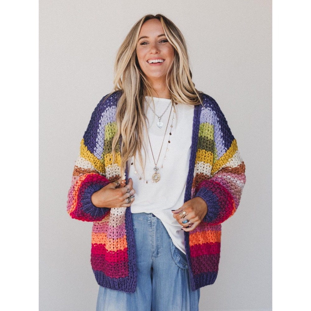 Listicle Rainbow Striped Chunky Knit Cardigan Multi Color Large Boho Pockets NWT